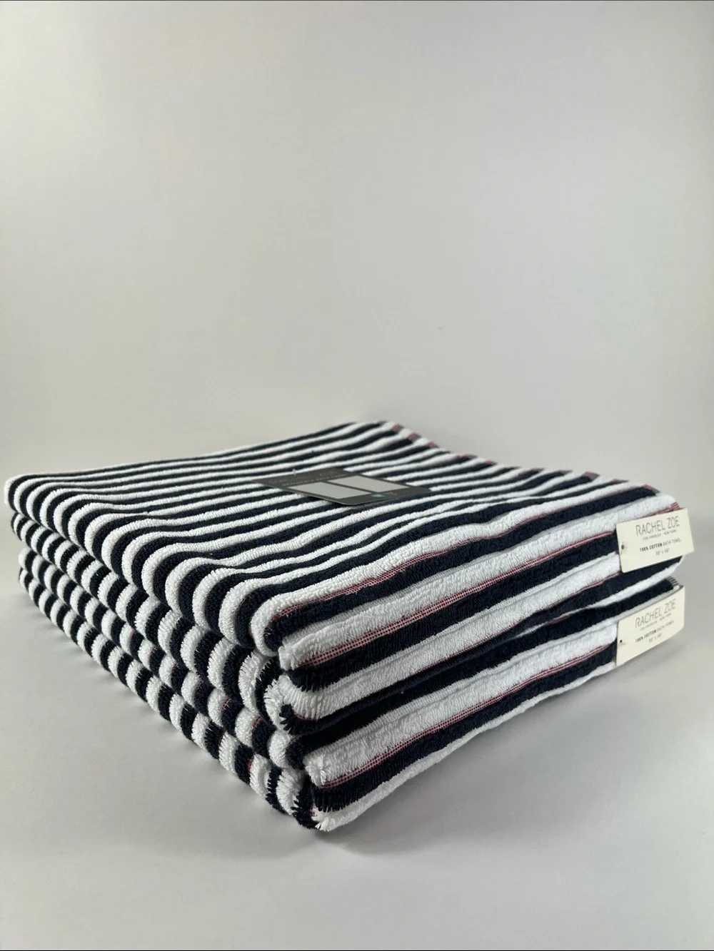 Rachel Zoe Bath Towels Reversible Navy, White and Red Striped Cotton 2 Pc NEW